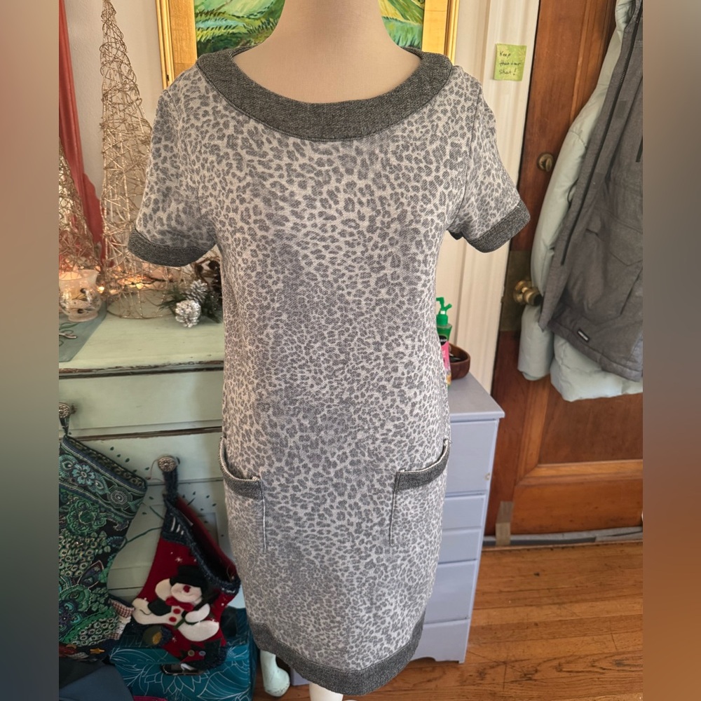 ISLE Leopard Print Sweatshirt Dress S Front Pockets Cotton Blend Stretch VGUC